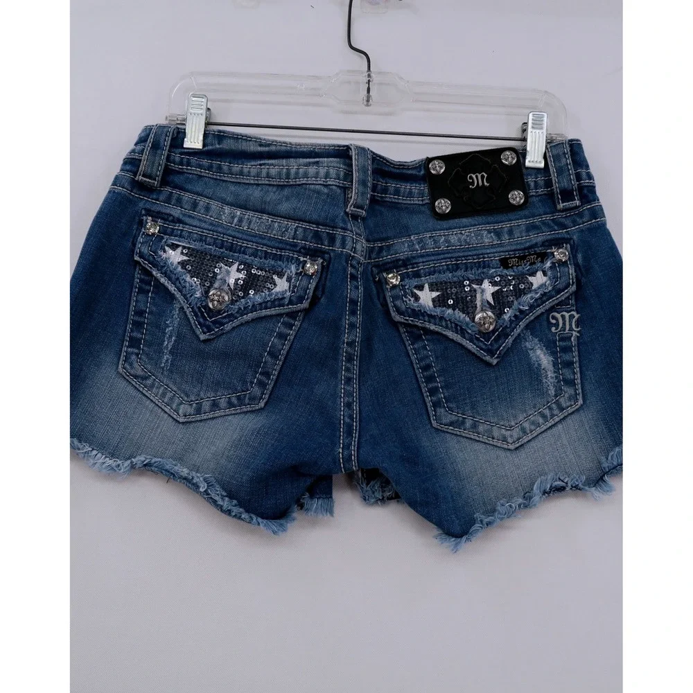Miss Me Signature Americana Sequin Flag Denim Shorts Blue 29